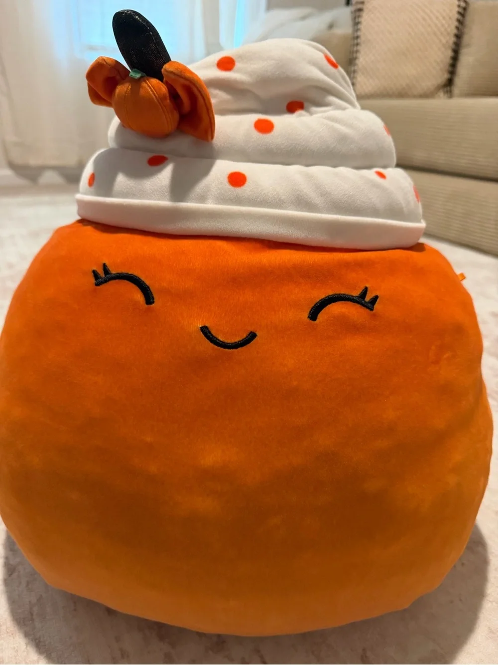 SQUISHMALLOW - Plush Pumpkin Spice Pillow in Bright Orange and White 14 inch